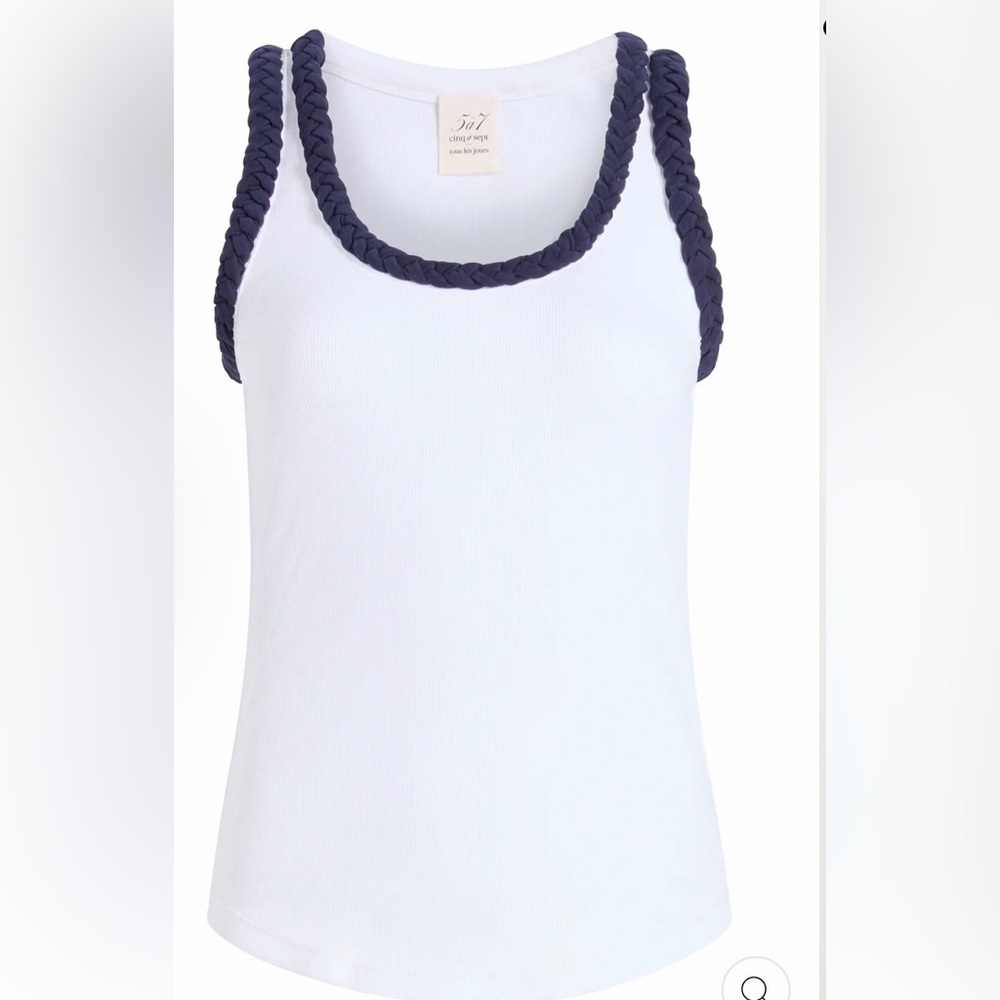 Cinq à Sept White Tank Top with Navy Braided Straps